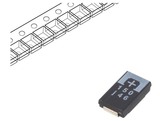 Condensator: tantaal-polymeer; low ESR; 150uF; 6,3VDC; TPE; SMD Condensator: tantaal-polymeer; low ESR; 150uF; 6,3VDC; TPE; SMD